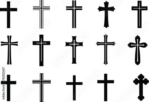 Christian cross vector illustration set, black religious symbols collection, faith and spirituality icons, simple and ornate crucifix designs for worship and belief