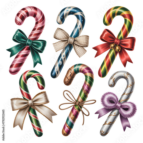 Set of 3D Christmas Candy Canes with Ribbon Bows on Transparent Background