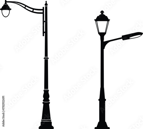 Classic and modern street lamp post silhouettes vector illustration, outdoor city lighting design, vintage and contemporary urban streetlight collection for architecture decoration