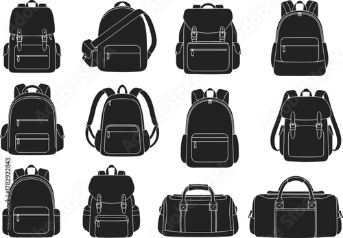 Collection of backpack and travel bag vector silhouettes, modern rucksack icons set, school, hiking, and luggage design elements for graphic illustration.