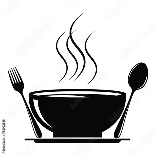 Delicious hot soup bowl with fork and spoon monochrome illustration