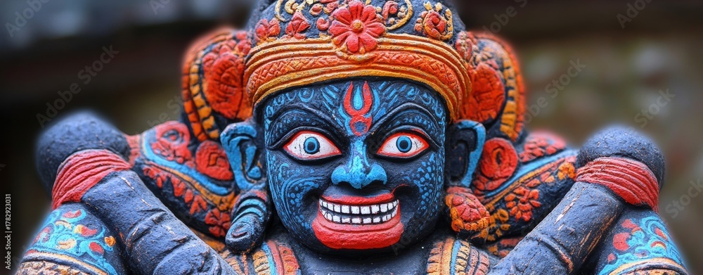 Fototapeta premium Close-up colorful statue Hindu deity made stone painted Kali in Kathmandu