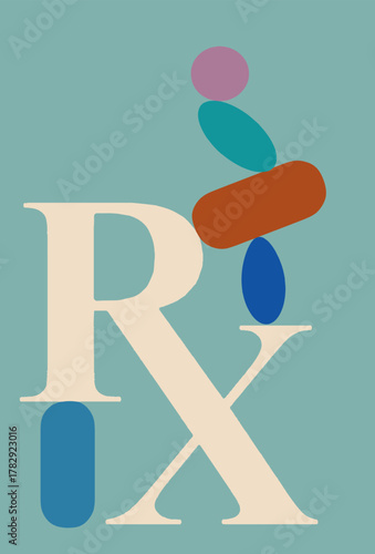 The RX symbol for prescription medicine is seen with colorful pills and capsules in an illustration.