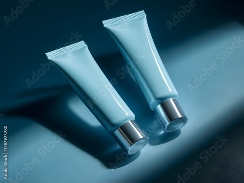 Elegant light blue cosmetic tubes for skincare or beauty products, ideal for stylish branding and modern packaging design featuring refreshing cool tones