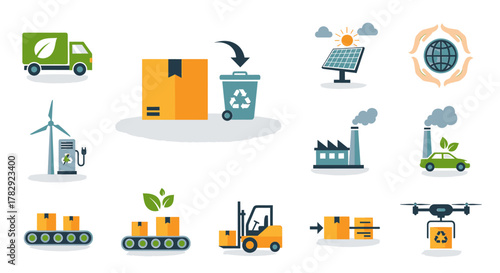 Eco-friendly logistics and sustainable industry icons.