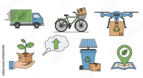 Eco-friendly delivery and logistics icons.