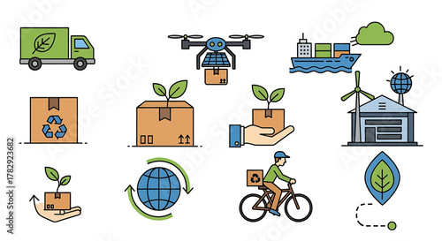 Eco-friendly logistics and delivery icons.