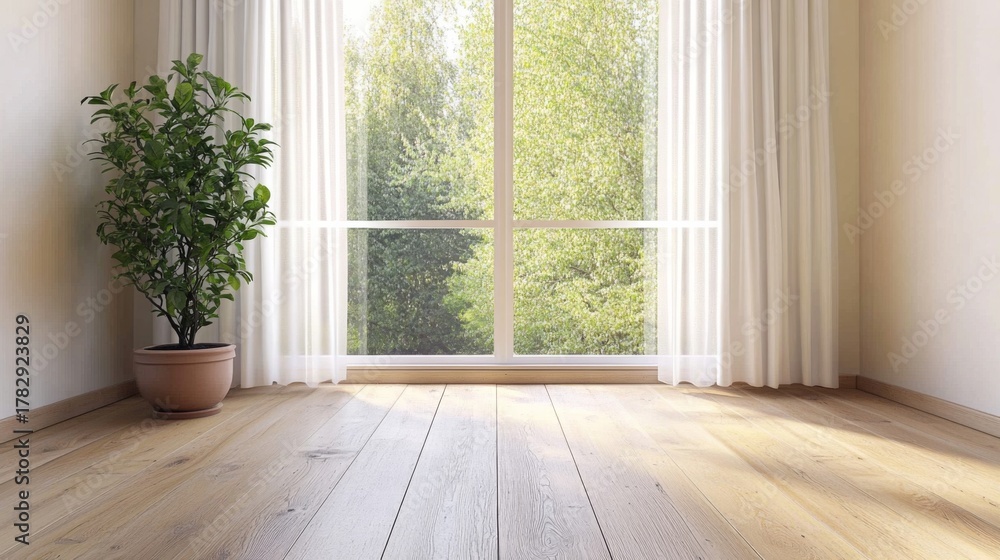 Fototapeta premium Empty room large window center has white curtains A bright and airy