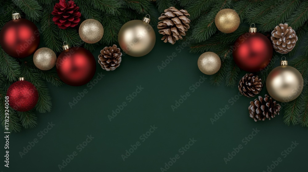Naklejka premium Flat lay Christmas ornaments pine cones dark green Festive decorations