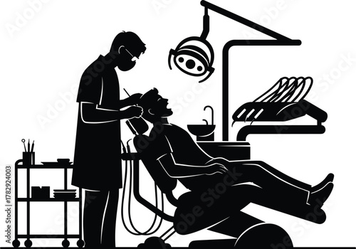 Dentist examining patient vector illustration, modern dental clinic scene silhouette, professional oral care, dental treatment and hygiene concept for medical design.