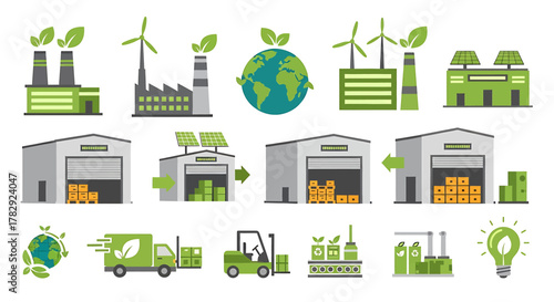 Green Industry and Sustainable Logistics Icons.