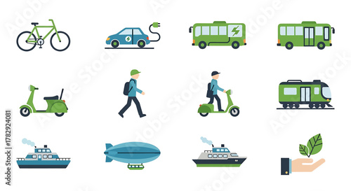 Collection of eco-friendly transportation and green energy icons.