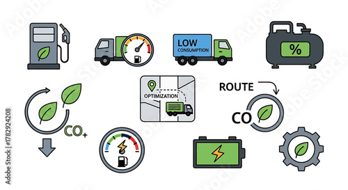 Eco-friendly transportation and logistics icons.