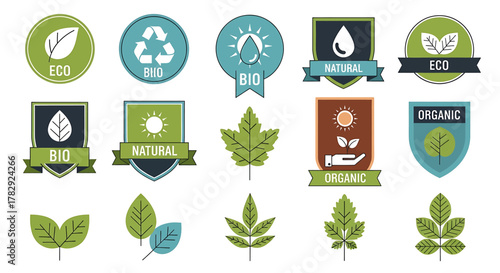 Collection of eco friendly and organic product labels and icons.