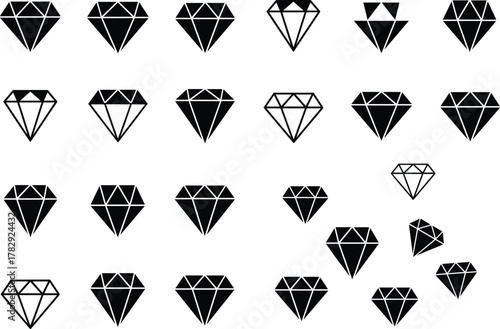 Diamond vector collection, geometric gem icons set, luxury crystal symbols, elegant jewel shapes illustration, minimalist black and white gemstone design art