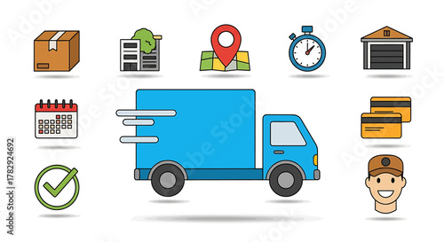 Delivery Truck and Logistics Icons Set.