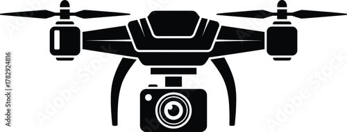 Drone icon vector illustration, quadcopter silhouette with camera, modern aerial photography technology symbol, unmanned aircraft design for surveillance, video, and creative visuals