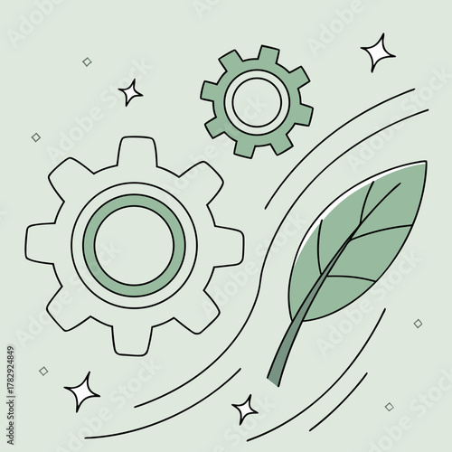 Gears and leaf represent the synergy of nature and technology