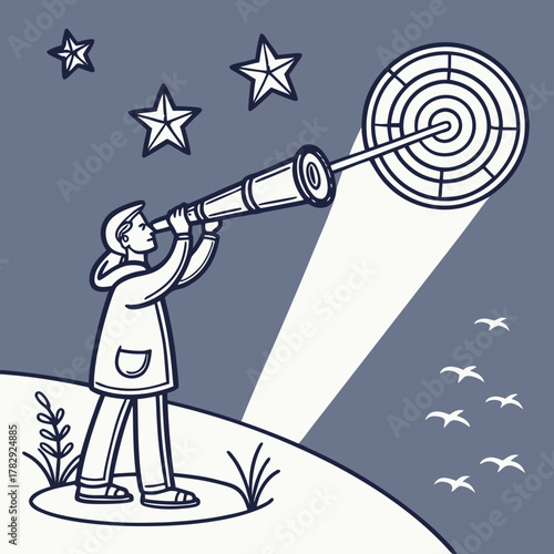 Person Observing a Target with a Telescope Under the Stars