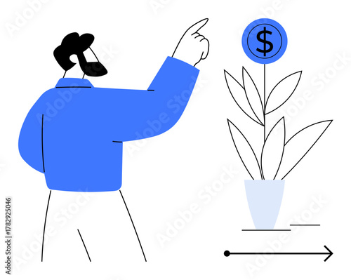 Bearded man in blue pointing at a growing money plant representing profit, financial growth, and investment success. Ideal for finance, economy, investment, growth, profits strategy success. Clean