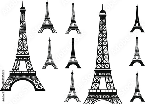 Eiffel Tower icon set, black Paris landmark silhouette, vector illustration of famous architecture, travel symbol design, isolated minimal Eiffel Tower art