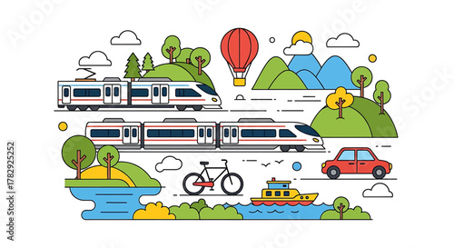 Diverse modes of transportation and scenic landscapes.