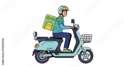 Delivery man riding a scooter with a backpack.