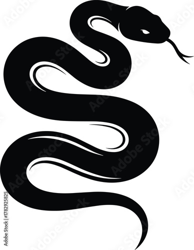 Elegant snake vector illustration, smooth curved serpent silhouette design, minimal black reptile artwork, dangerous wild animal symbol, modern tattoo style graphic