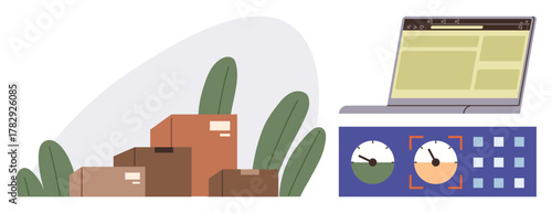 Stacked cardboard boxes, a laptop with a website interface, and a performance dashboard with meters and analytics. Ideal for logistics, e-commerce, supply chain, shipping, technology, business