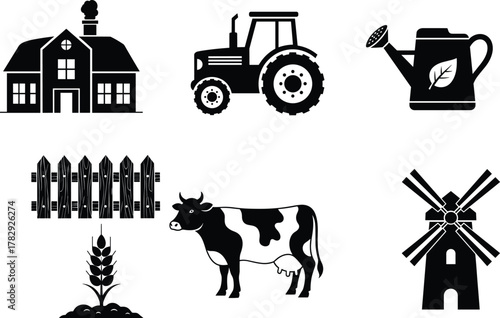 Farm agriculture icons set, tractor barn cow windmill wheat and watering can illustration, organic farming, rural lifestyle, countryside agriculture and eco concept vector