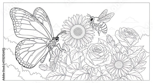Butterfly and bee hovering over flowers for coloring book page design