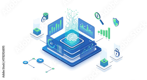 Futuristic AI Data Processing Center with Brain and Financial Analysis Elements