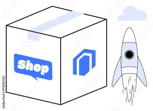 Box with shop label and logo, rocket launching alongside. Ideal for retail, e-commerce, shipping, logistics, innovation, speed business growth. Represents progress in simple flat metaphor