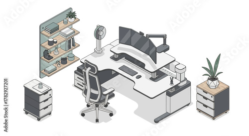 Isometric Office Setup with Modern Desk Shelves and Plants