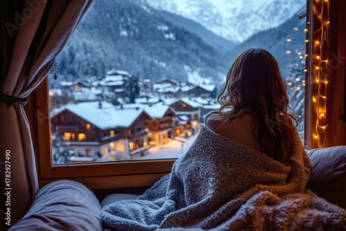 Wallpaper Mural Young woman sitting couch wrapped gray blanket looking Torontodigital.ca