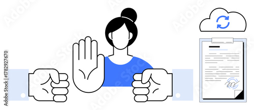 Woman signaling stop while facing handshake gestures, clipboard with signing document and cloud sync. Ideal for negotiation, consent, collaboration, agreement, ethics, boundary, decision-making