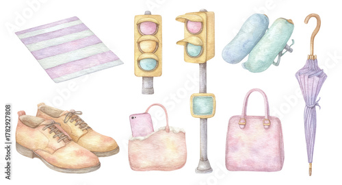 Watercolor Collection of Fashion Items, Accessories, and Street Elements Isolated