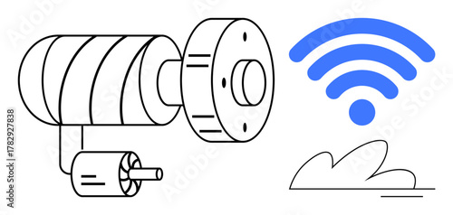 Security camera directed outward beside signal waves and abstract ground. Ideal for surveillance, safety, technology, connectivity, smart systems, data protection, monitoring. Simple flat metaphor