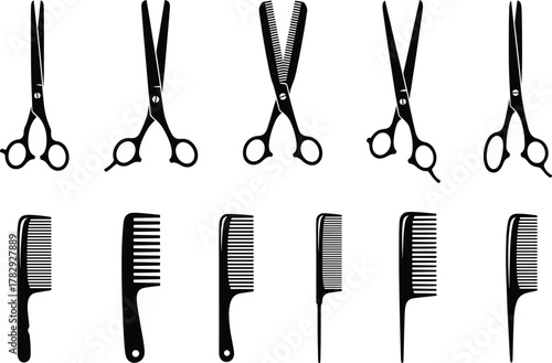 Hairdressing scissors and combs collection, professional barber tools set, salon equipment vector illustration for hairstyling, haircut design, beauty and grooming concepts