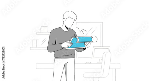 Man examining blueprint in bright office, carefully reviewing construction plans with focus and determination, showcasing modern workspace and architectural project.