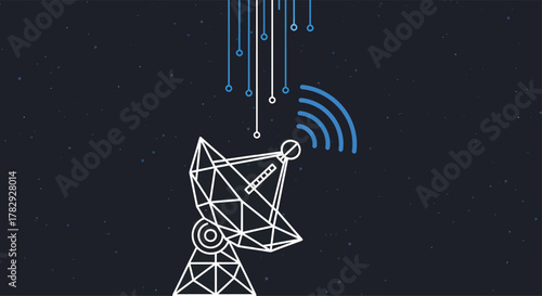 Satellite dish receiving data streams from space, symbolizing modern communication and technological advancement in a digital era.