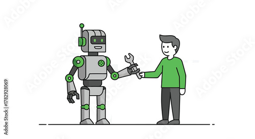 Friendly robot hands a wrench to a smiling man in a clean, minimalist workspace, symbolizing collaboration and technological advancement.