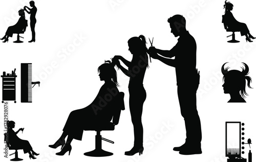 Hairstylist and client silhouettes in beauty salon, haircut and styling scene with mirror, comb, and tools, professional hairdressing vector illustration design