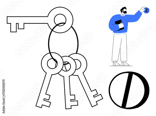 Set of keys hanging on a ring, a man holding a tablet and small object, and a split circular icon. Ideal for security, access, decision-making, problem-solving, data management, teamwork simple flat