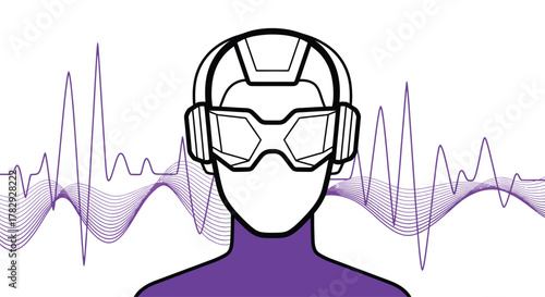 Person wearing virtual reality headset experiences immersive digital world with abstract sound waves, representing modern technology and sensory perception.