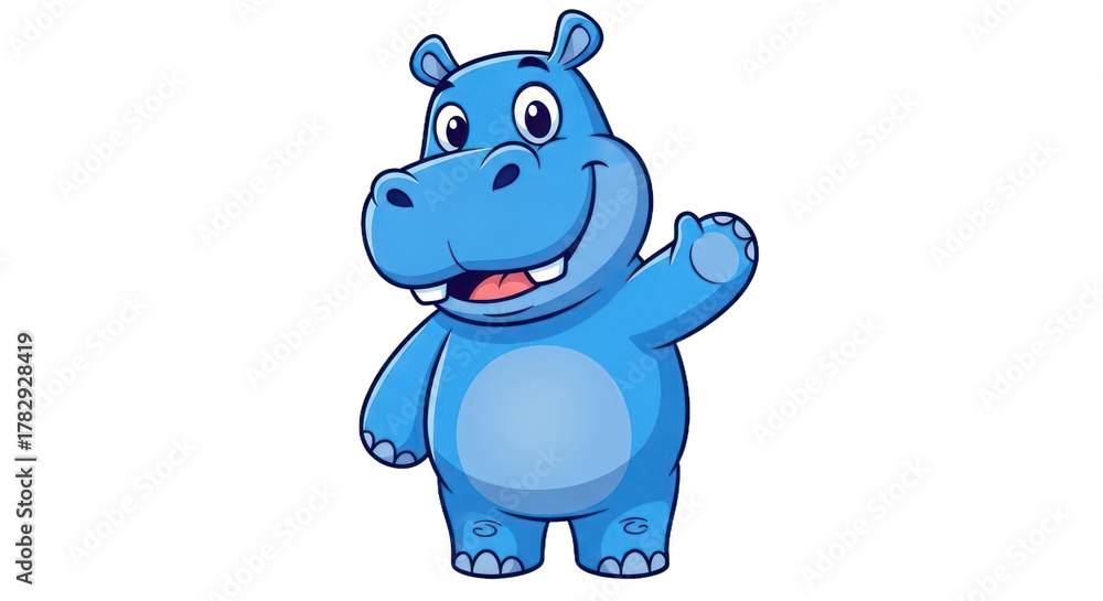 Fototapeta premium Cartoon hippo waving with friendly smile in a digital illustration with transparency