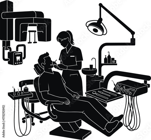 Modern dental clinic interior with dentist examining patient in chair, dental tools, equipment, and medical lamp, professional healthcare vector illustration, hygiene, treatment concept