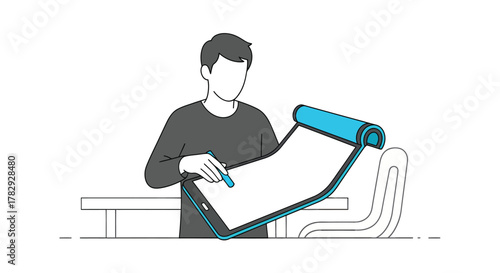 Man writing on large paper pad at desk in bright office, focused on project with creative and professional atmosphere.
