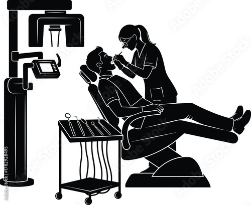 Modern dental clinic vector illustration with dentist examining patient in chair, dental x-ray machine, medical instruments and oral healthcare concept design