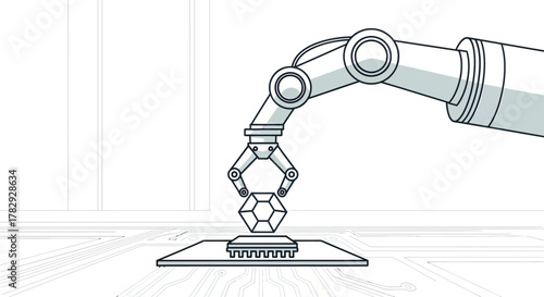 Robotic arm carefully places a dodecahedron onto a microchip on a circuit board, symbolizing precision and technological advancement in a clean, futuristic setting.